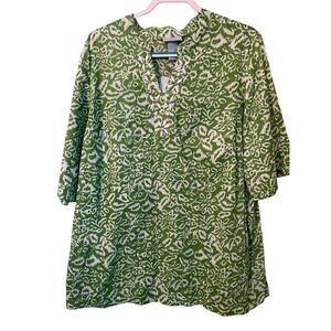 Liz & Me Size 1X Green White Ikat Beaded V-Neck 3/4 Sleeve Popover‎ Tunic Top